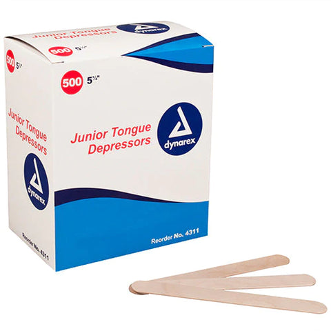 Dynarex Tongue Depressors Wood, Junior 5 ½", Non-Sterile, with Precision Cut and Polished Smooth Edges, for Medical Use and Other Applications, 1 Box of 500 Tongue Depressors, 5 ½"